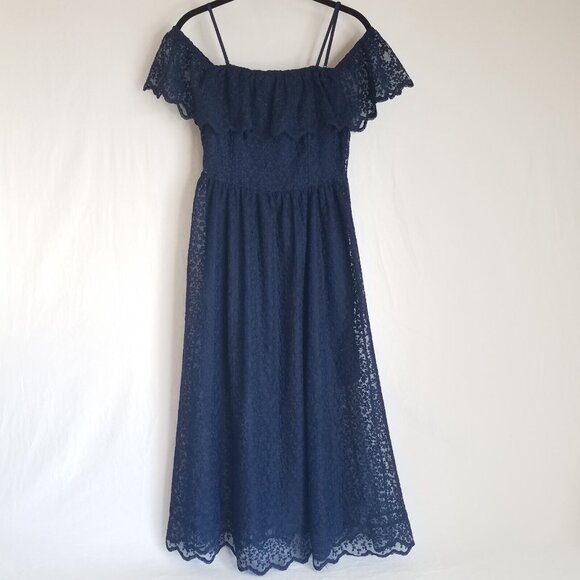 H&M Lace Off Shoulder Midi Dress Navy Blue SIZE 4 Spaghetti Strap Elastic - Picture 1 of 16